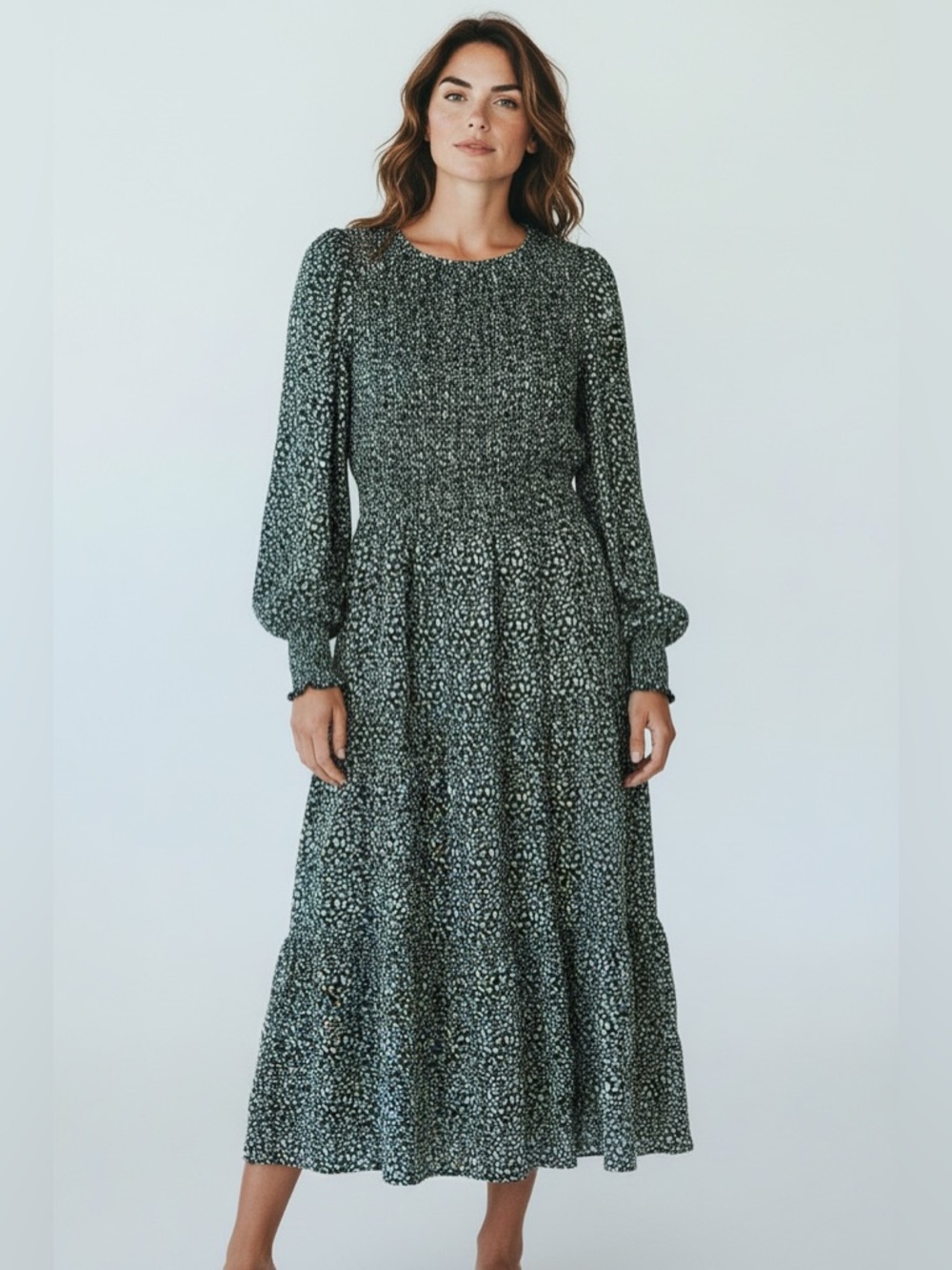 NWT Zattcas Green Smocked Midi Dress Womens Medium Leopard Cottagecore